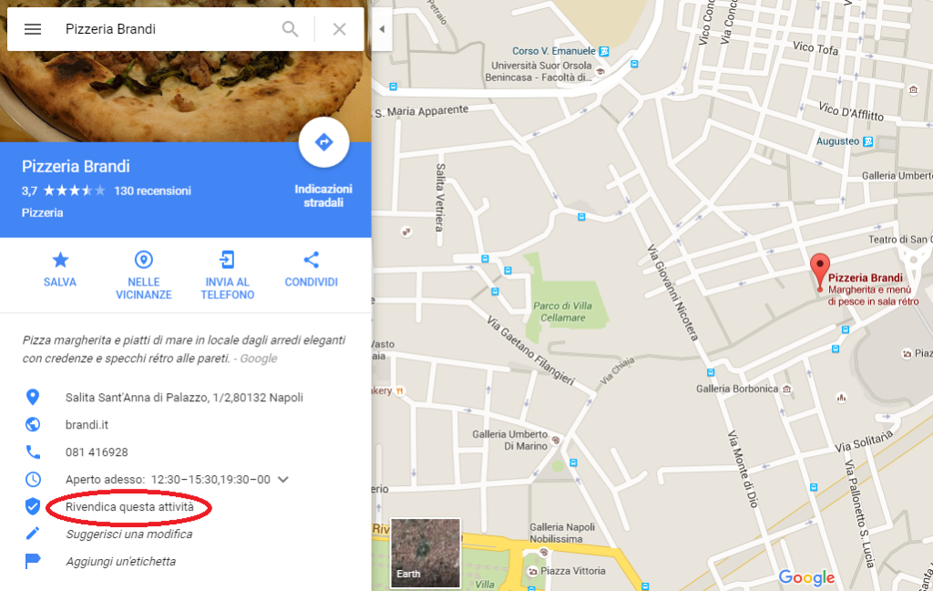 Google My Business: la scheda della Pizzeria Brandi di Napoli